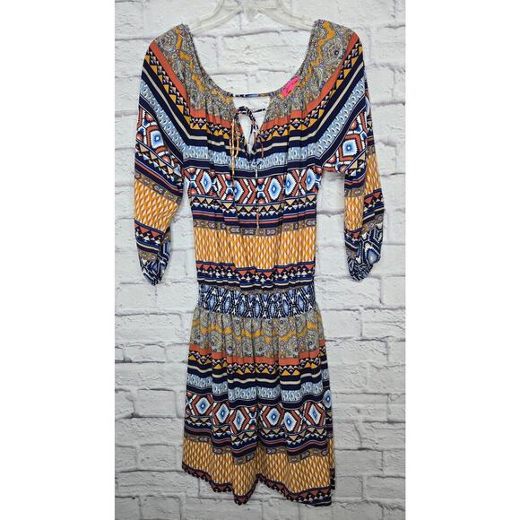 Betsey Johnson Dress Womens 8 Peasant Smocked Waist Boho Aztec - Picture 2 of 8